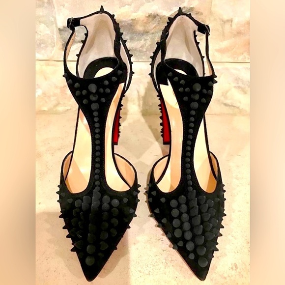 Christian Louboutin “Goldostrap” spiked T-strap, Veau suede 100mm heels EU39.5 - Picture 2 of 9